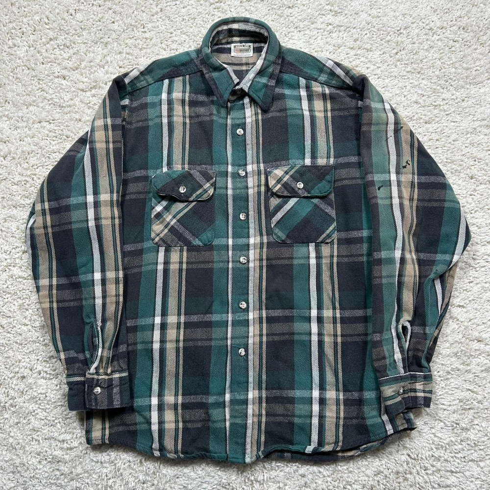 Vintage Five Brother Flannel Shirt Large Tall LT Green Plaid Heavyweight